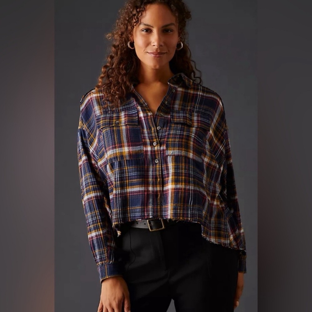 Anthropologie Pilcro Cropped Plaid Button-Down Shirt Top Blue Small Oversized - Picture 1 of 16